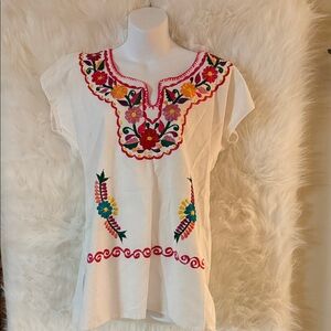 Vibrant Floral Embroidered White Blouse
